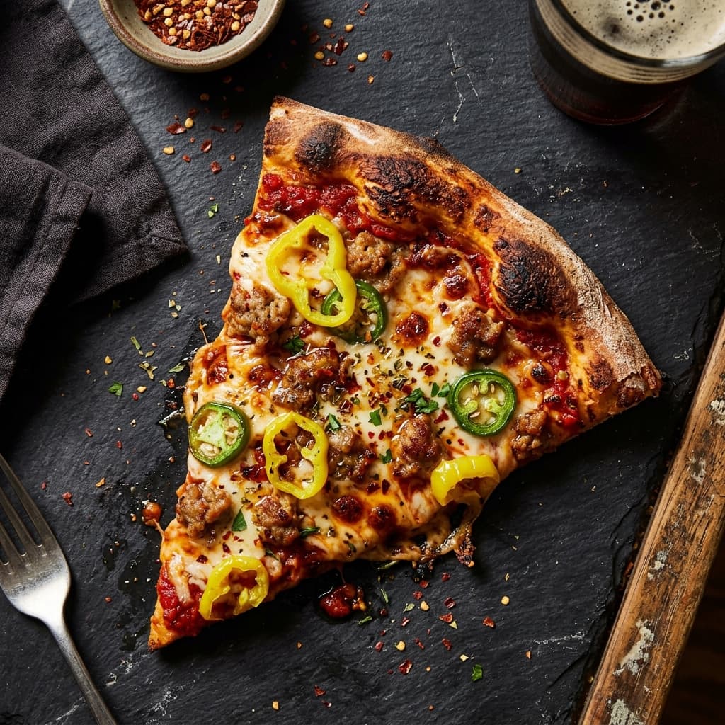 A Spicy Sausage pizza slice with jalapeños, banana peppers, and red pepper flakes