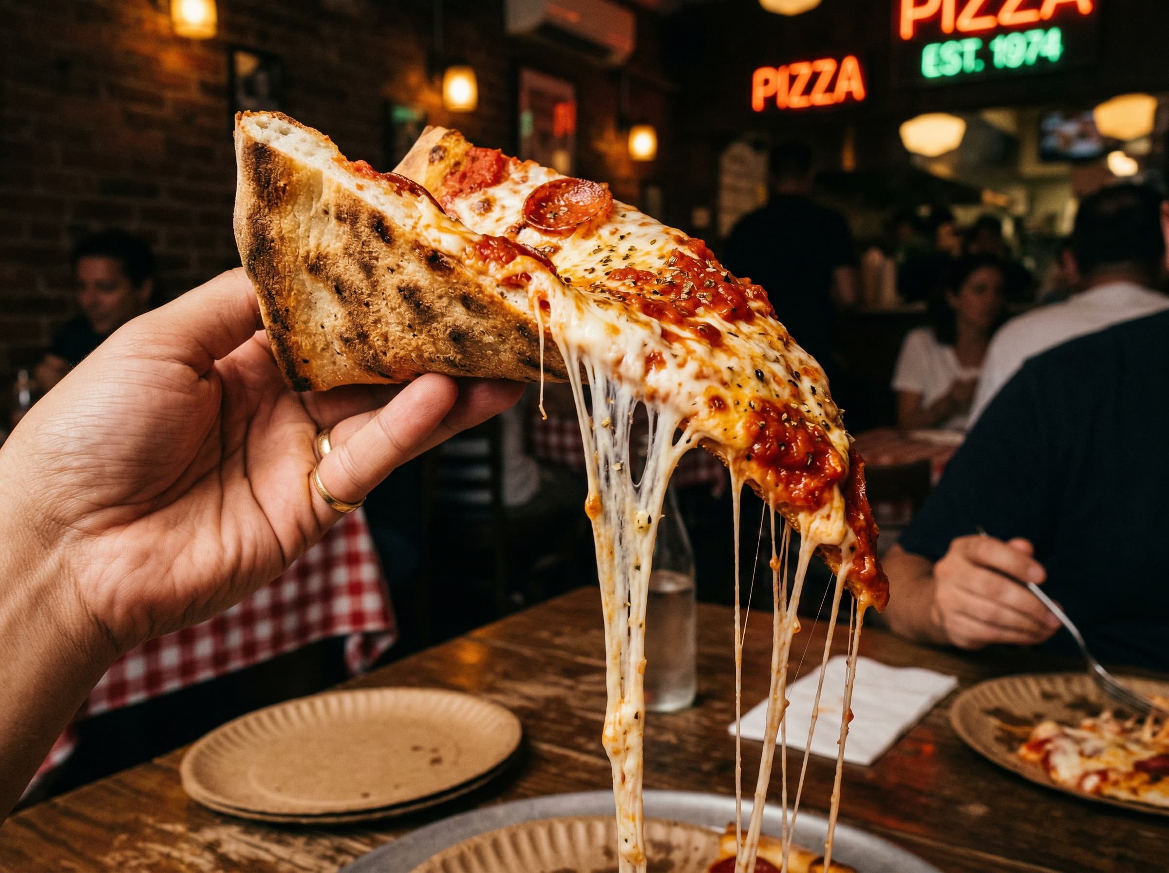 A NY-style pizza slice with a long cheese pull at Tua Mama's Pizzeria