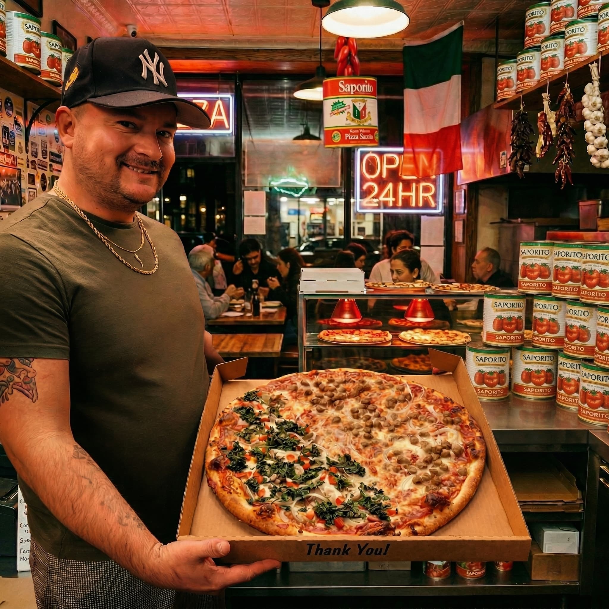 The Tua Mama's team proudly holding a fresh pizza in the shop